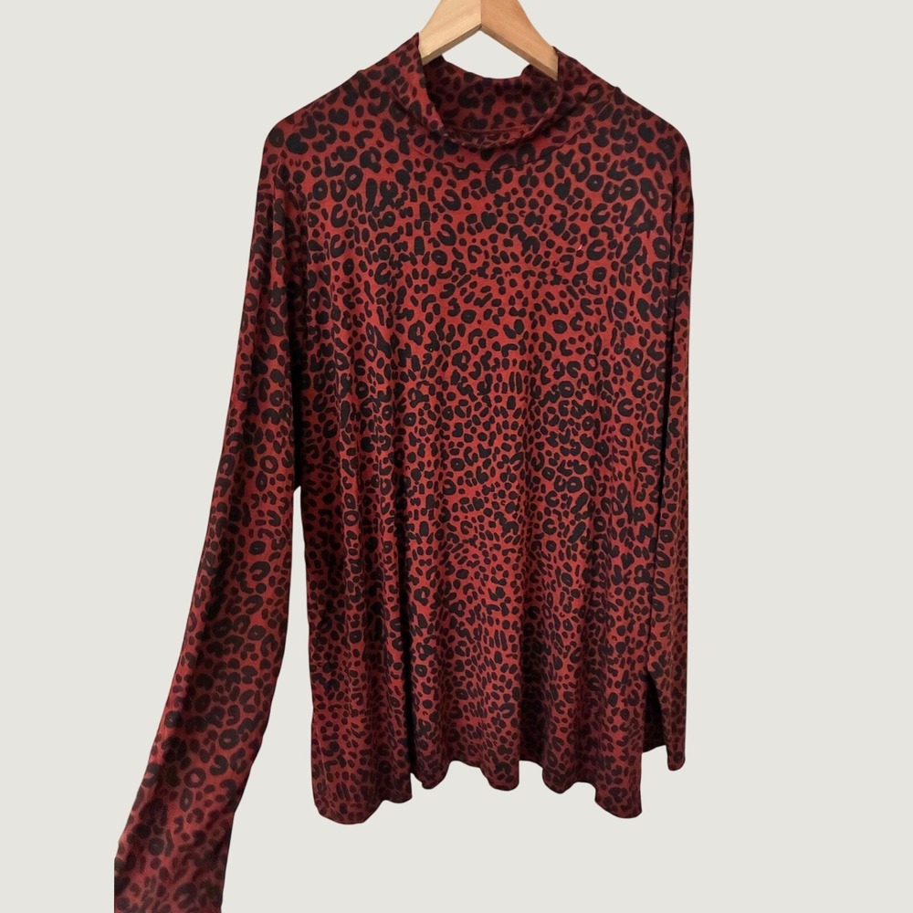 Ava & Viv Fall Orange Leopard Print Mock Neck Long Sleeve Top Animal Print
